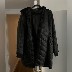 New with tags: Zella brand long black LIGHT puffer coat in size Large with hood